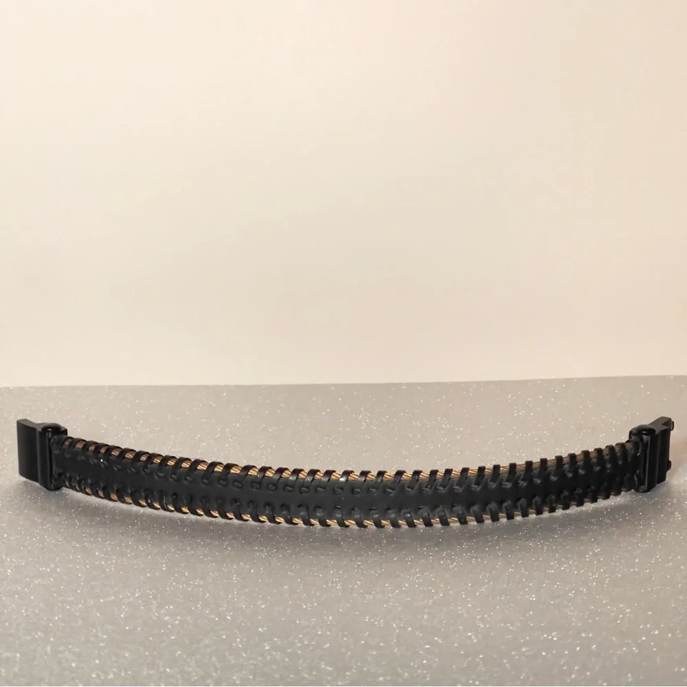 INOX Black Leather & Woven Gold Stainless Steel Cable Bracelet w/Magnetic Clasp